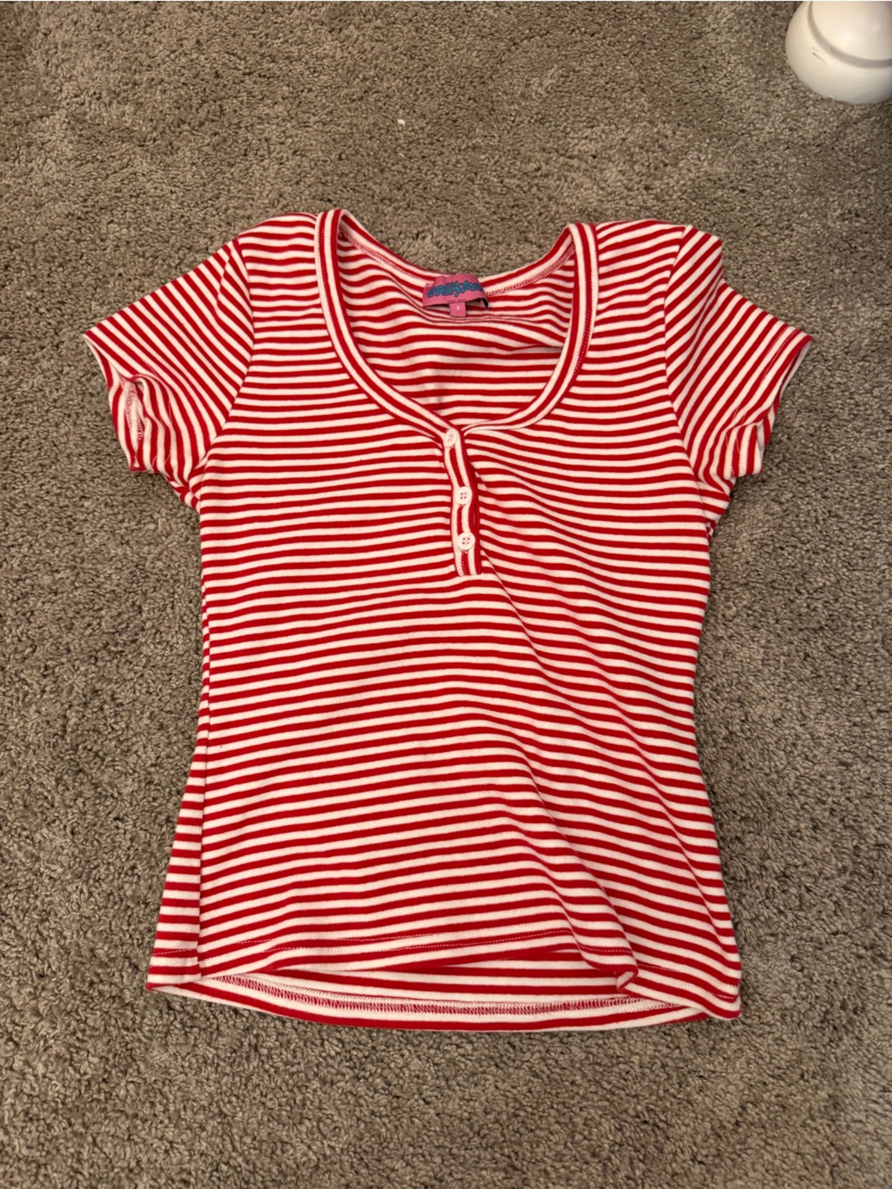 Edikted Red & White Striped Short Sleeve Henley Tee